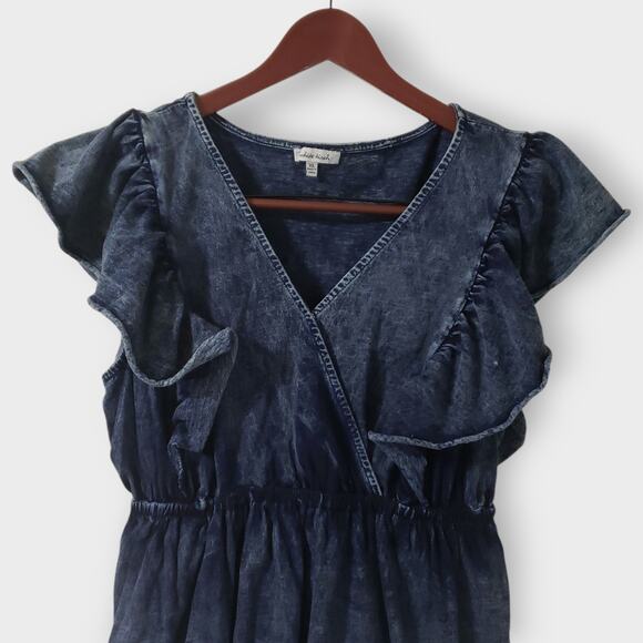 White Birch Acid Wash Denim Ruffle Tiered Flutter Mini Dress XL Layered Grunge - Picture 2 of 12